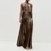 Women's Colorpleated Split Tie Neck Dress Sleeveless Backless