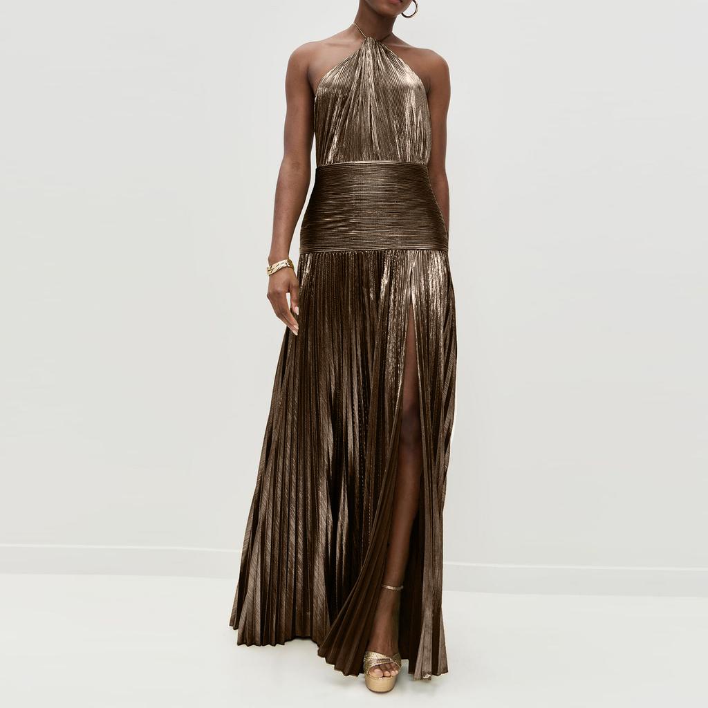 Women's Colorpleated Split Tie Neck Dress Sleeveless Backless