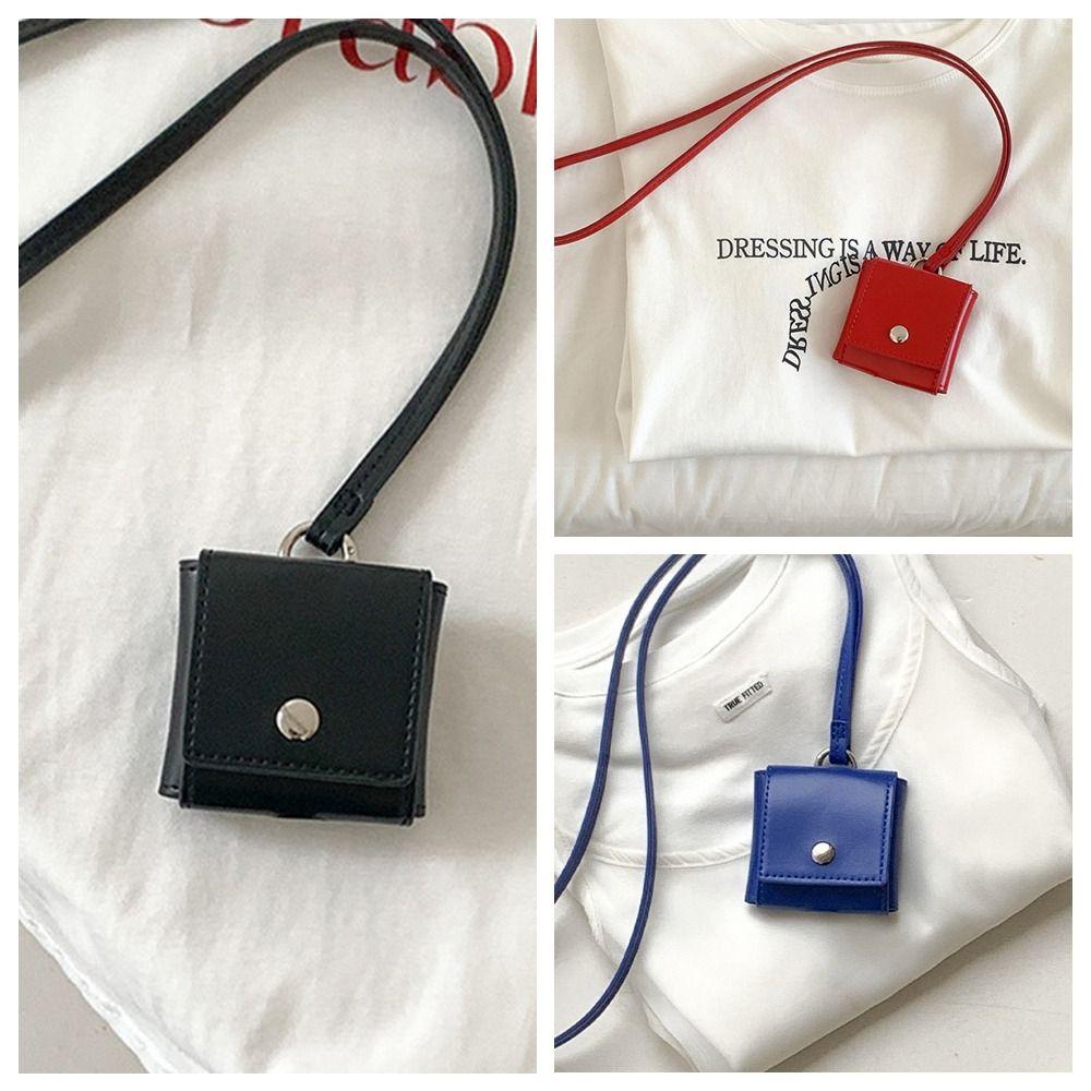 Portable Hanging Neck Headphone Bag PU Leather Square Lanyard Lipstick Bag Multifunctional Card Holder Small Coin Purse Women