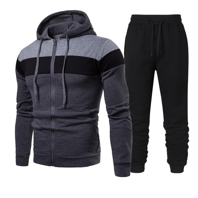 Spring and Autumn Men's Fashion Color Matching Splicing Suit Hooded Running Outdoor Sports Suit Men's Sweater