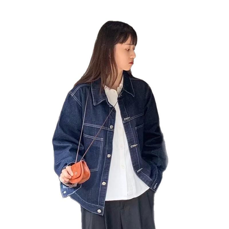 Plus Size Women's Denim Jacket - Korean Style Retro with Contrast Stitching, Loose Fit for Spring & Autumn