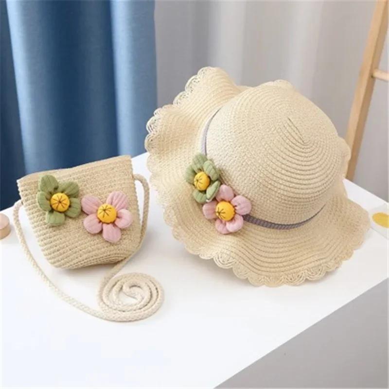 New 2 pcs Summertime Cute Children Straw Hat and Shoulder Bag Girls Outdoor Beach Cap Cute Bow Travel Beach Sun HatCrossbody Bag