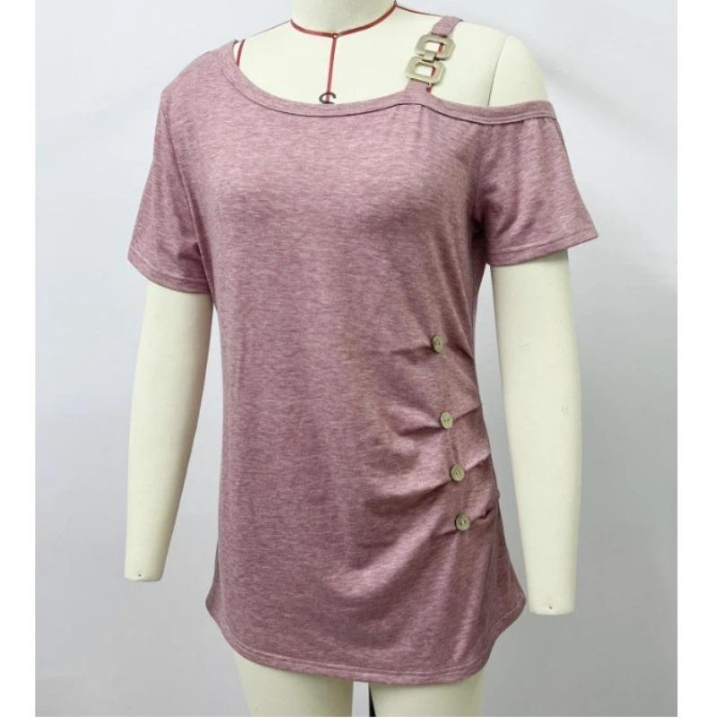 New Summer Women's Simple Short-sleeved Metal Button Pleated T-shirt Top