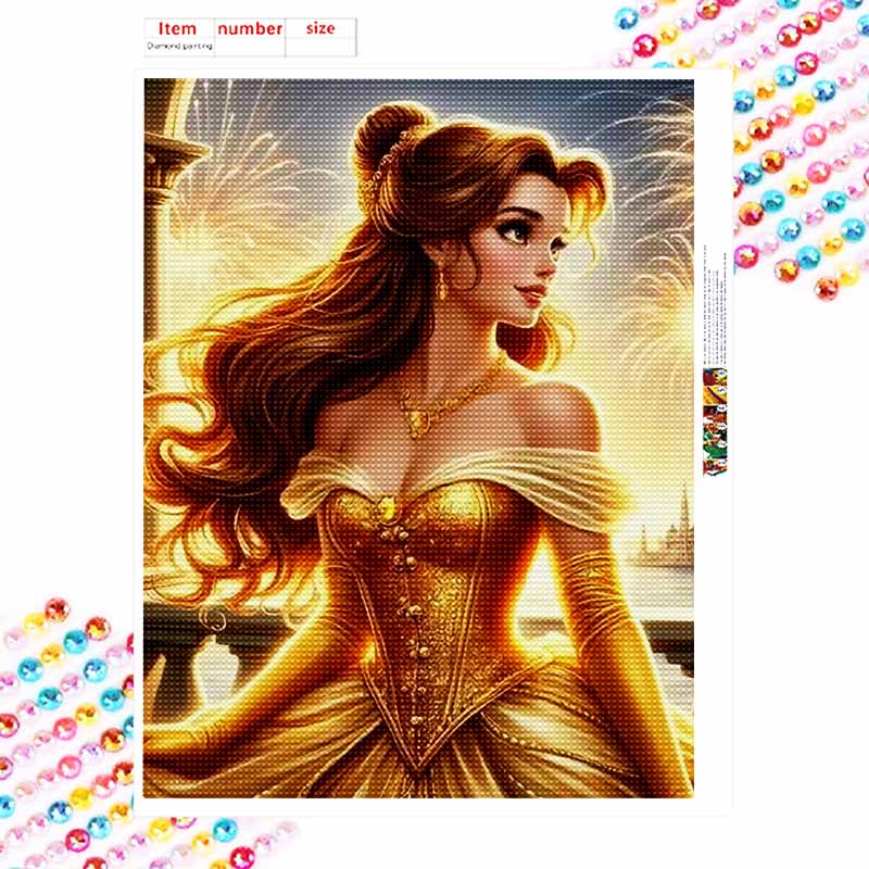 Disney diamond painting 5D round diamond full of diamonds diy handmade stickers, home decoration paintings with Belle golden dress and fireworks.