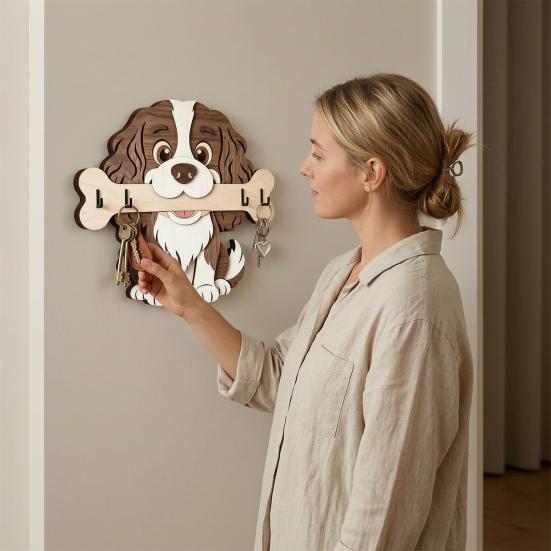 Portachiavi in Legno da Parete, Gancio per Ingresso a Forma di Cane che Tiene un Osso per Casa, Cucina, Corridoio, Organizer Rustico per Chiavi, Guinzaglio per Cani