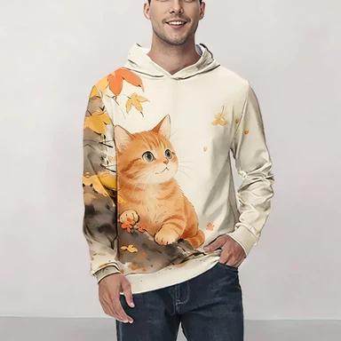 Men's Cat Graphic Print Hoodie Casual Long Sleeve Hoodie for Outdoor Warmth
