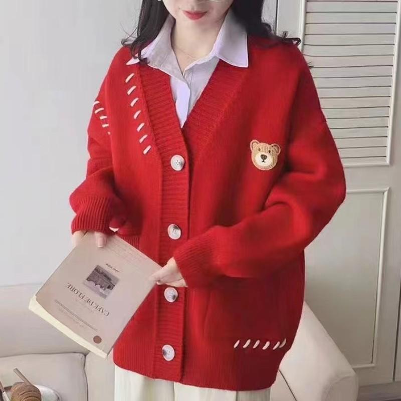 

Cute bear sweater cardigan women s new coat spring and autumn loose lazy wind knitted top One size красный