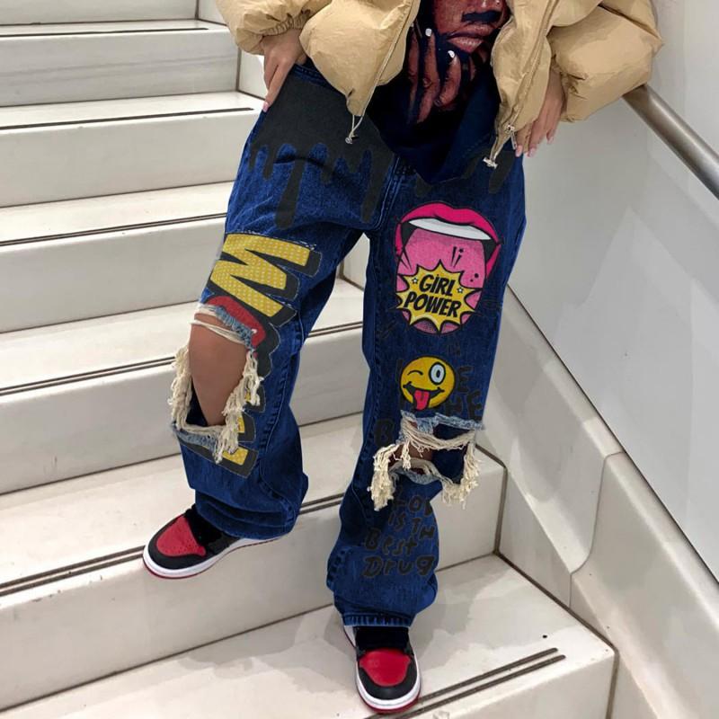 2605 Streetwear Ripped Jeans Women Multi-pocket Loose Fit Denim Trousers