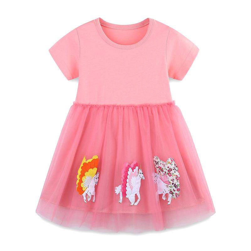 Summer Girls' Mesh Princess Dress - European & American Style with Cartoon Unicorn Embroidery