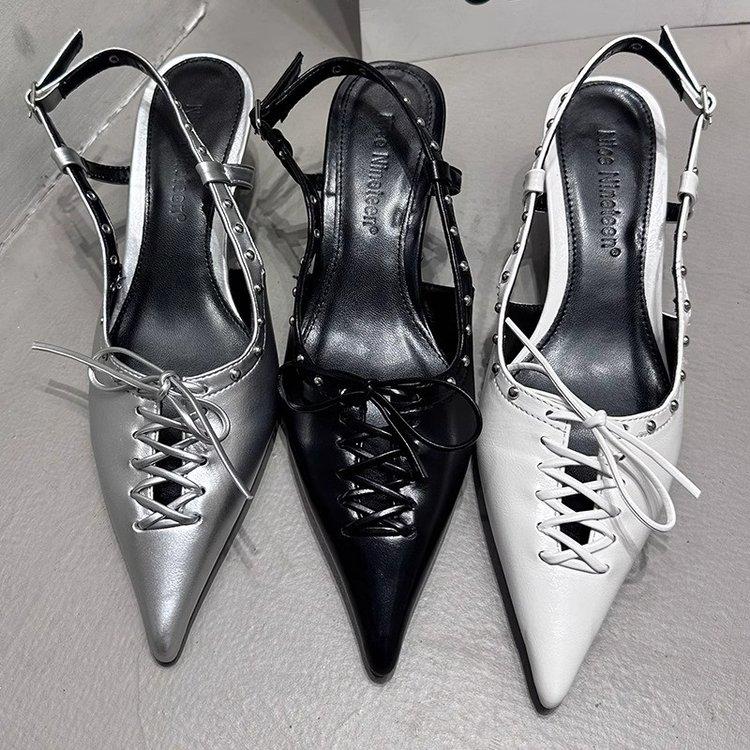 Pointed Toe Sandals Women's 2024 Spring/Summer New Versatile Thin Middle Heel Bow Muller Shoes Lace Up Slingback Sandals