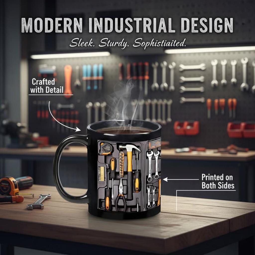 Ceramic Coffee Mug with Printed Tool Set Design Durable Handle and Smooth Surface for Home Office Use Gift