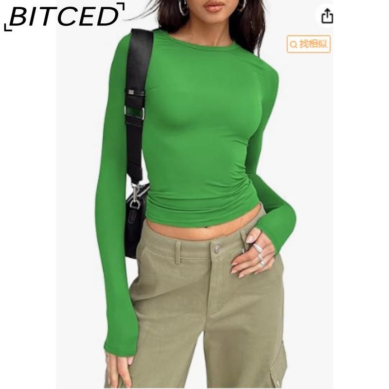 BITCED Women's Spring/Autumn T-Shirt Solid-Colour O-Neck Base Layer Slim-Fit Long-Sleeved Top