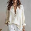 Women S Minimalist Style Cotton Linen Long Sleeve V Neck Shirt