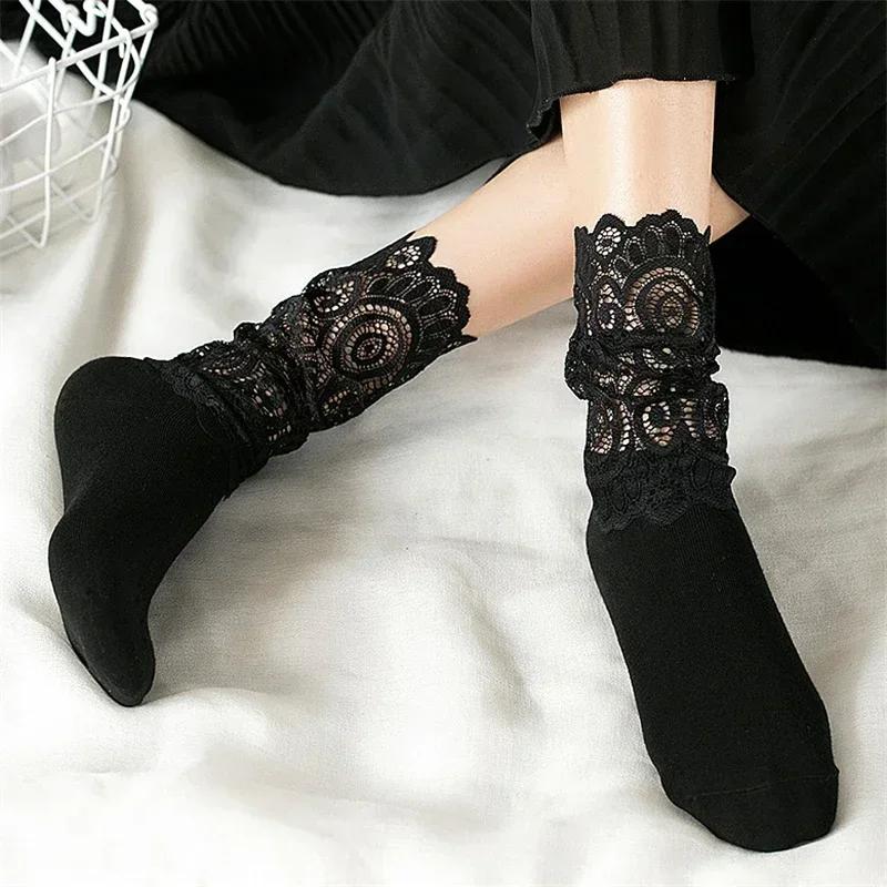 Sexy Lace Floral Mesh Socks Women Black Transparent Short Cotton Sock For Ladies Elastic Retro Cute Socks Female New 2025