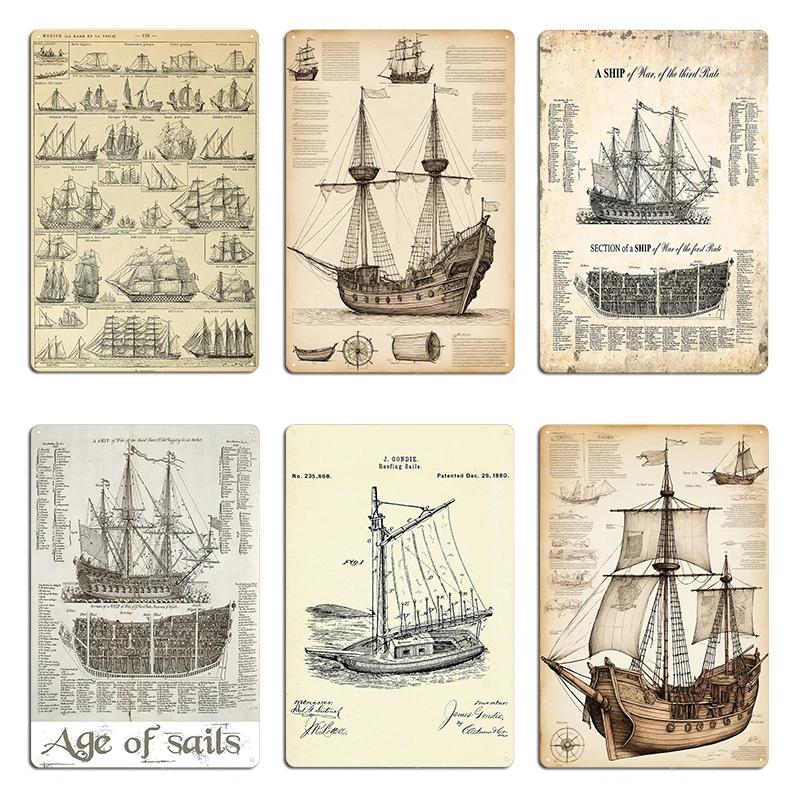 Age of sails french vintage sailing ships Boat project  Leonardo da Vinci drawing Metal Design Vintage Cinema Tin Sign Poster