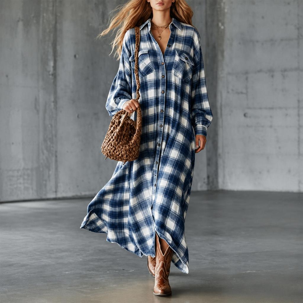 Women's Loose Fit Vintage Plaid Long Sleeve Shirt Dress for Casual Everyday Wear