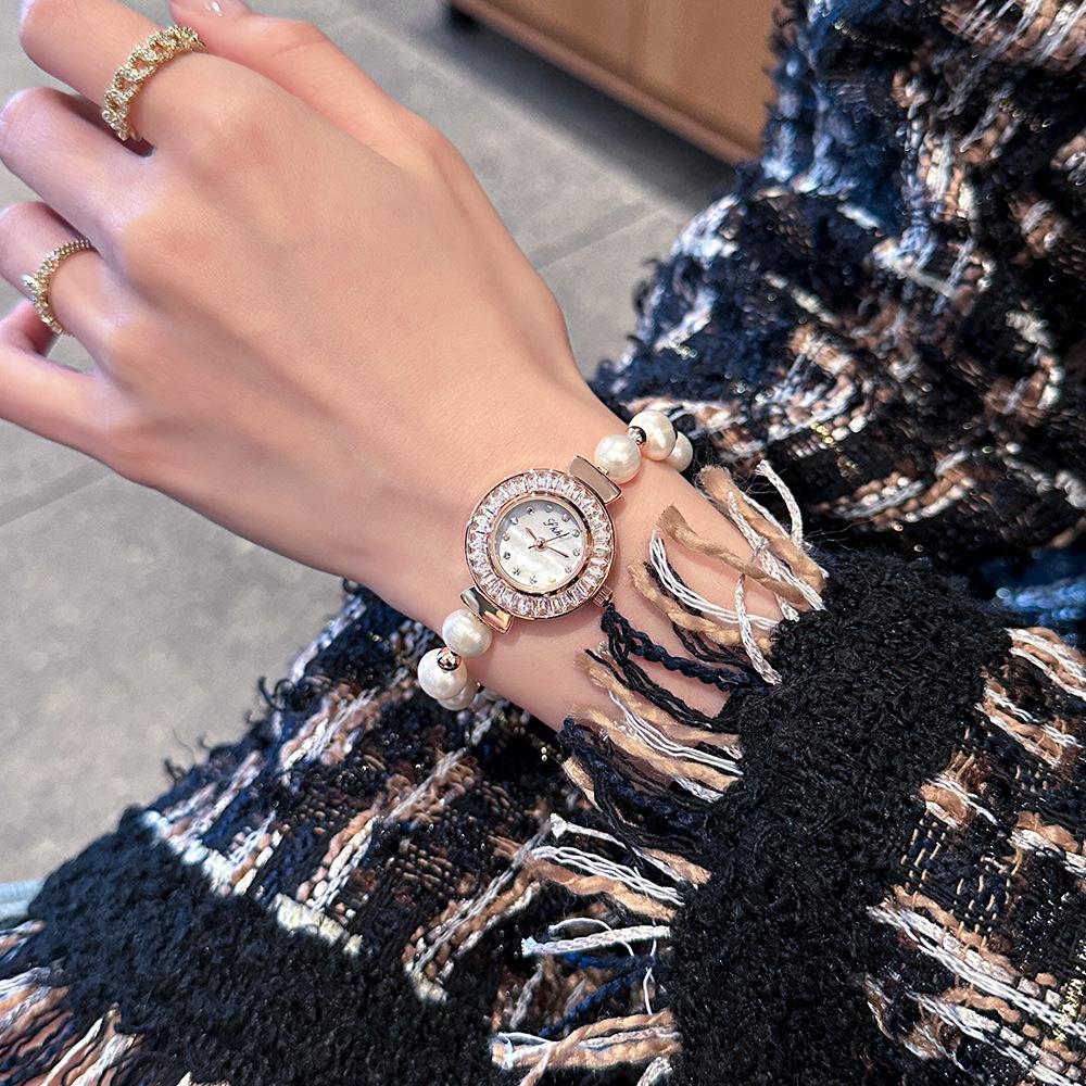 Ceas de damă cuarț elegant cu brățară de perle, nou, elegant, cu stras, cu disc