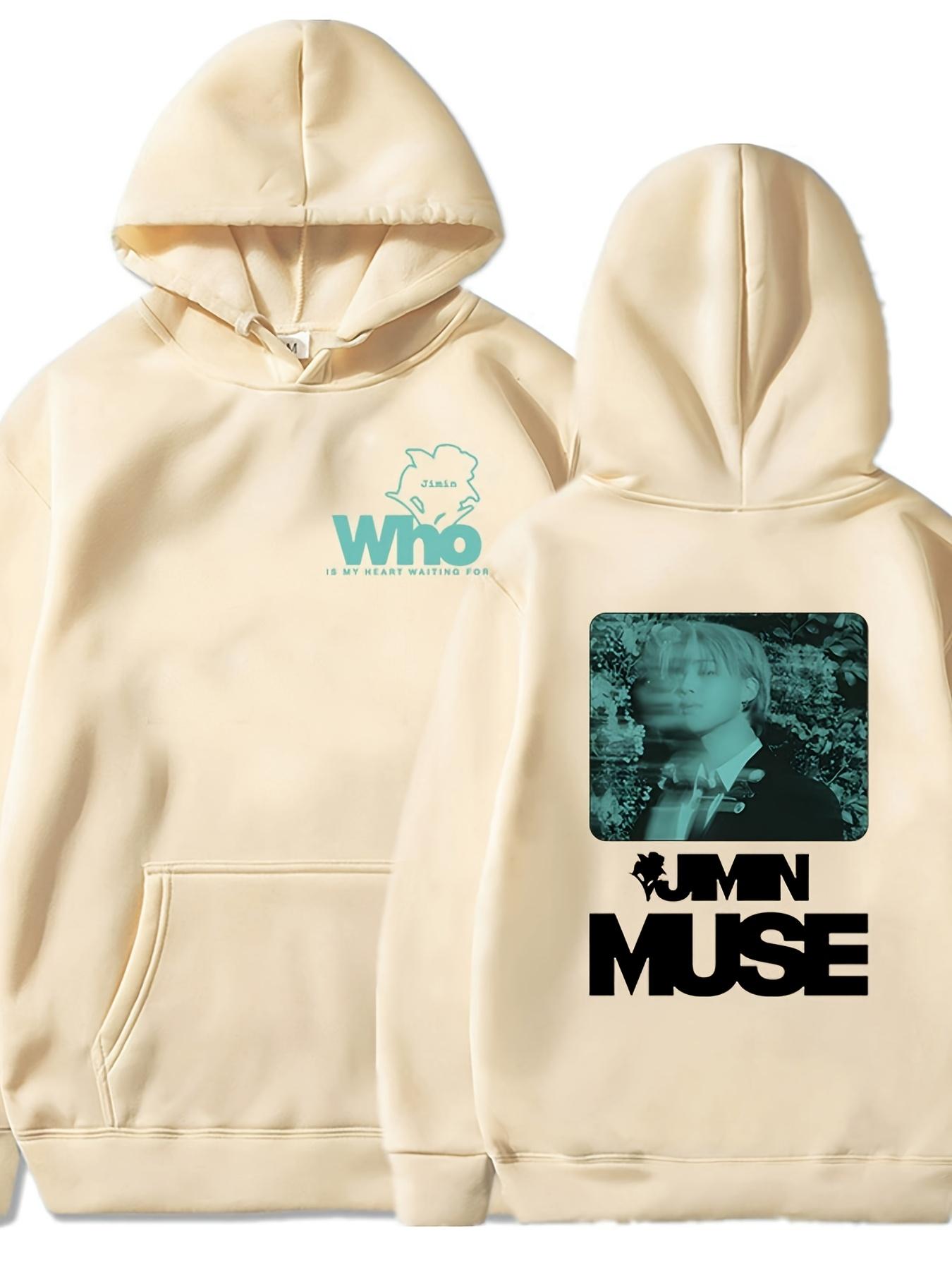 Jimin Muse Grafik Hoodie - Auf Wen Wartet Mein Herz? Aufdruck, K-Pop Fan Bekleidung mit Tasche, Lässiger Pullover Sweatshirt für Frühling Herbst XL grün