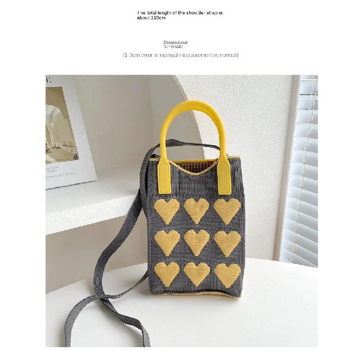 Korean Fashion Heart Knitted Mini Square Handbag For Women Small Mobile Phone Shoulder Bags Girls Cute Outdoor Crossbody Bags