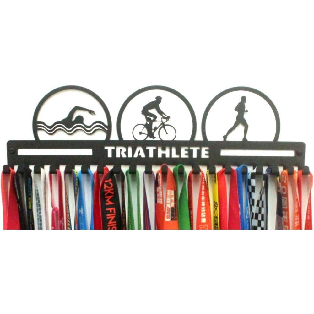 16  Metal Triathlete Medal Wall Hanger, Running Swim Bike Medal Display Rack with Hooks, Sports Gift, Black