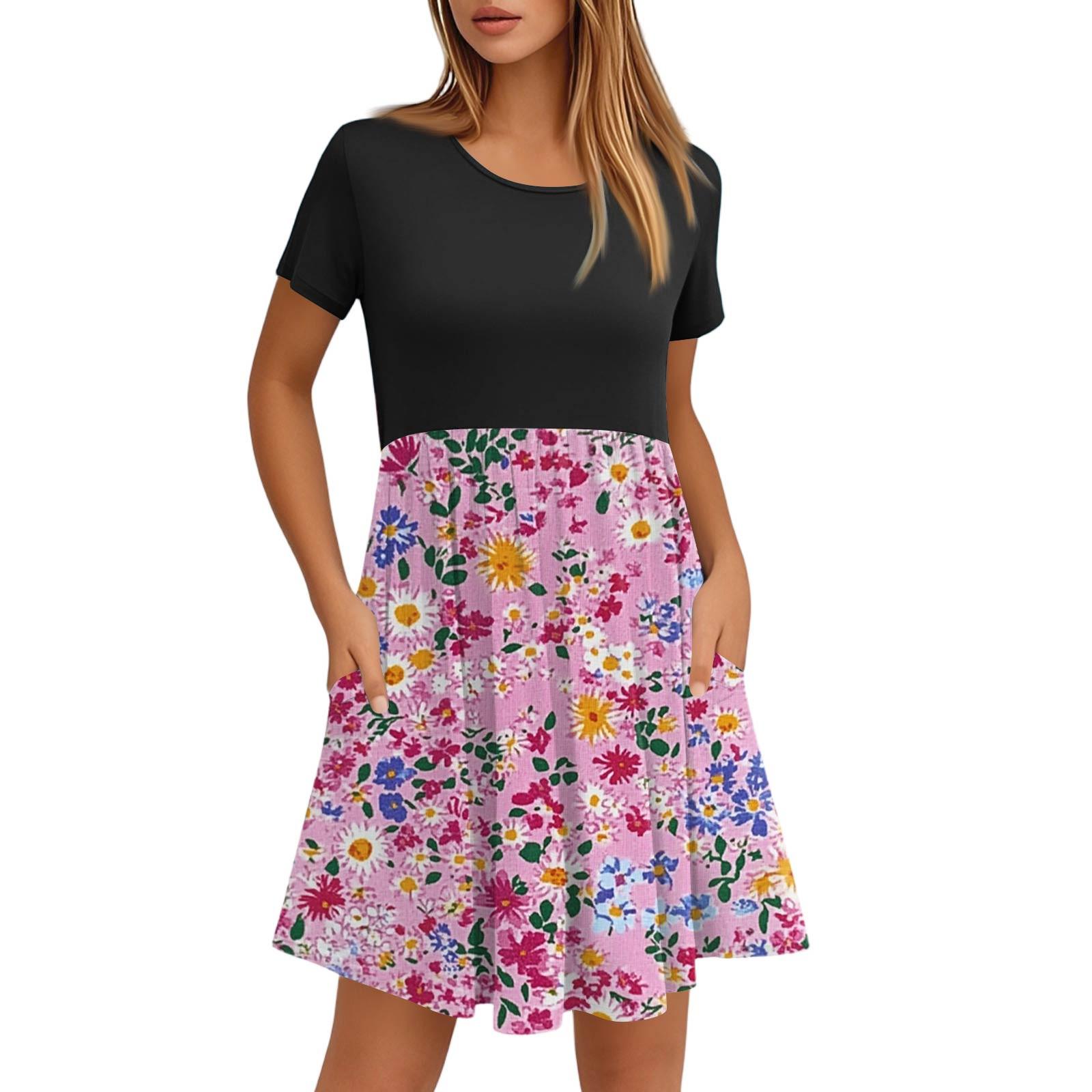 

Женские модные повседневные свободные платья с круглым вырезом и коротким рукавом с принтом и карманами XL розовый