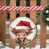 Winter Santa Wall Art Christmas Wooden Round Hanging Sign, Claus Highland Cow Theme Holiday Party Accents Door Decor, Farmhouse Welcome Ornament