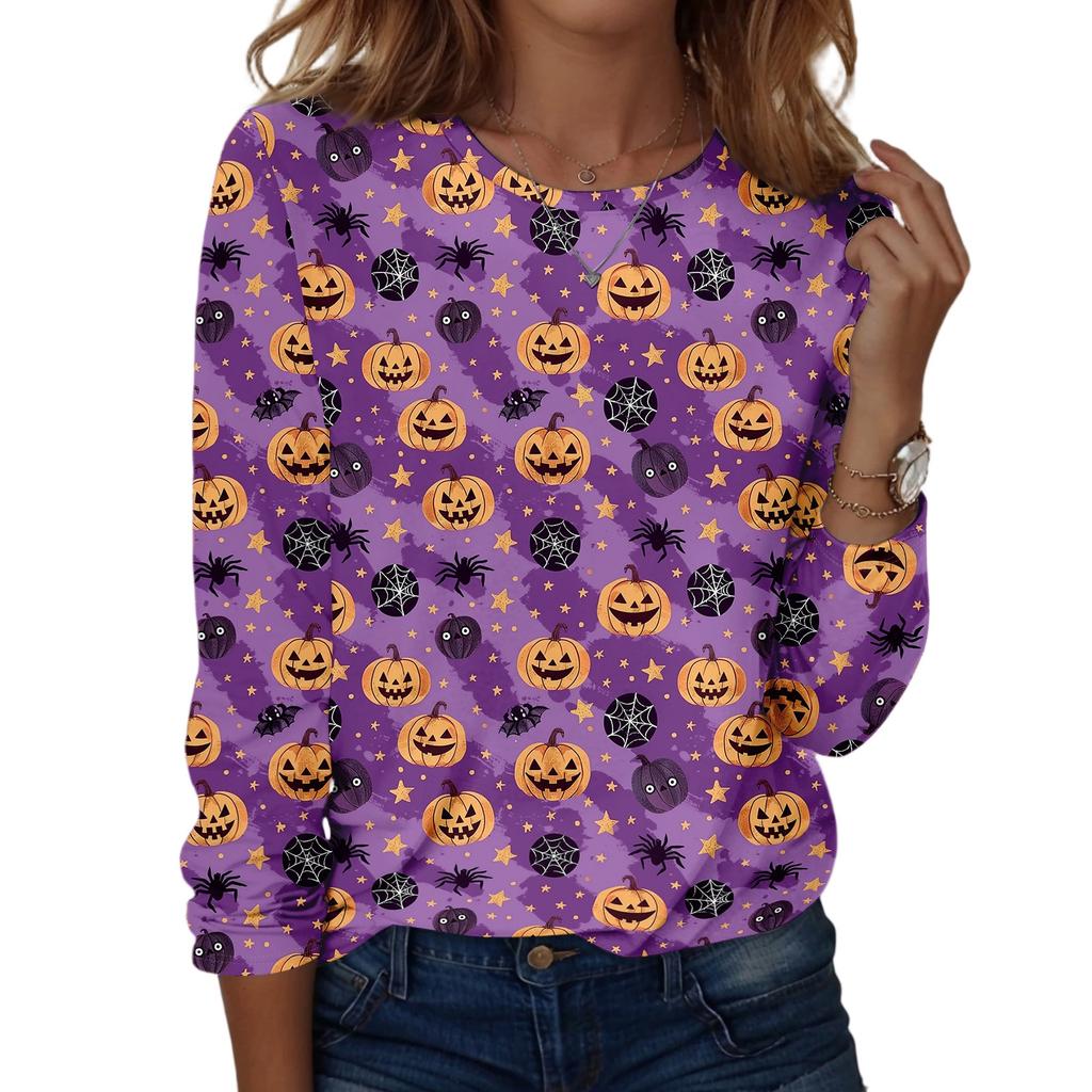 Women's Casual Long Sleeve Pullover Top Halloween Print Round Neck Shirt Lightweight Comfortable Fit for Daily Wear