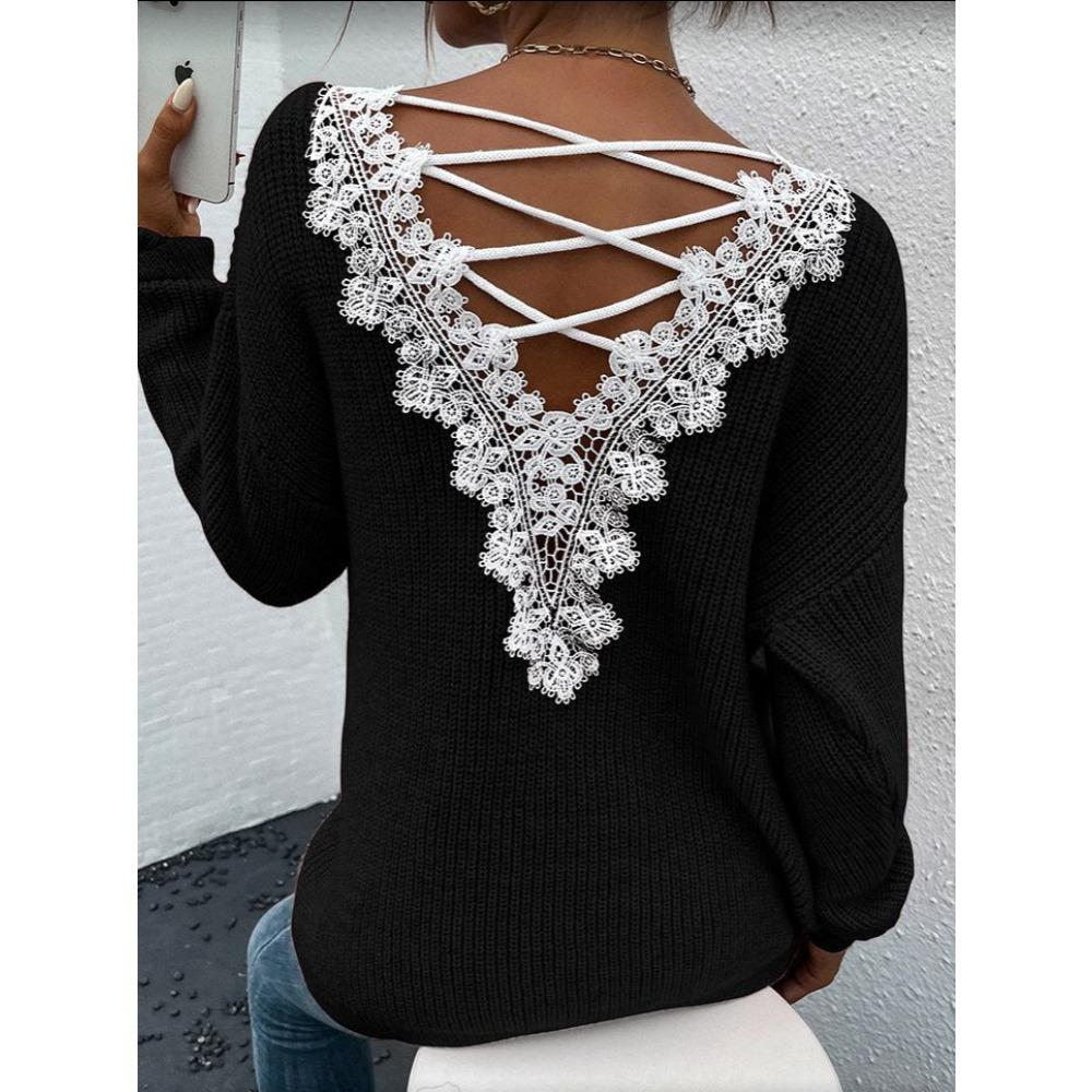New Sexy Backless, Cut-out V-neck Pullover Long-sleeved Sweater with Lace and Sweater Patchwork for Women