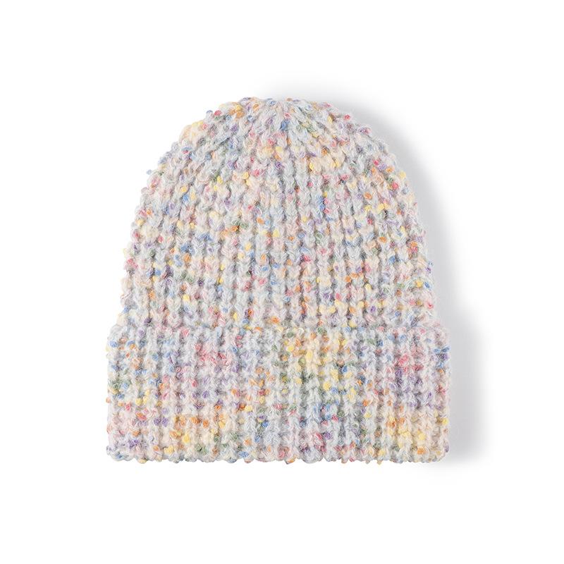 Multicolor Speckled Dot Knitted Beanie Hat Winter Wool Ribbed for Women Men with Hand Drawn 3D Embroidery Bows Pattern