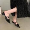 Fashion Women New Summer Pointed Toe Shallow Mouth Mary Jane Cool Drag Block Heel French Bow Wrapped Half Slippers