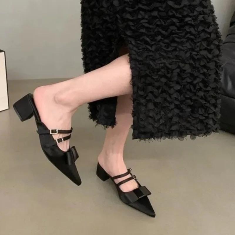 Fashion Women New Summer Pointed Toe Shallow Mouth Mary Jane Cool Drag Block Heel French Bow Wrapped Half Slippers