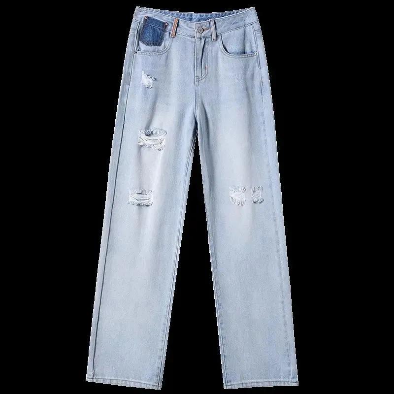 

Женские джинсы светлого цвета с высокой посадкой, рваные, с широкими штанинами, для лета и весны 2025 - Приталенные, свободного кроя, прямые штаны Extra Large светло-синий