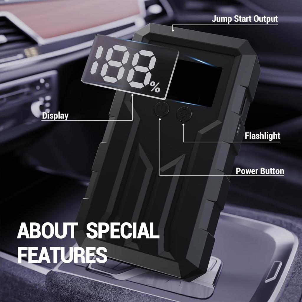 Jump Starter 4000A, Portable Car Battery Charger for 8-9L Engines, with LED Flashlight & USB Quick Charge