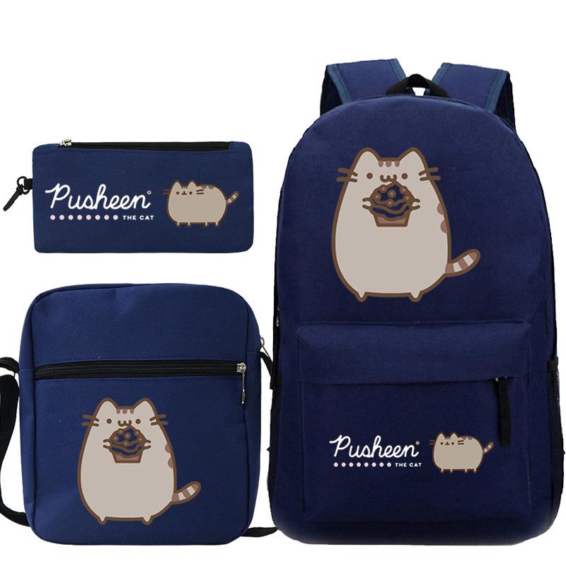 Pusheen fette Katze niedlicher Cartoon bedruckter Schulranzen grenzüberschreitende Studenten tragbare Umhängetasche Federmäppchen dreiteiliges Set