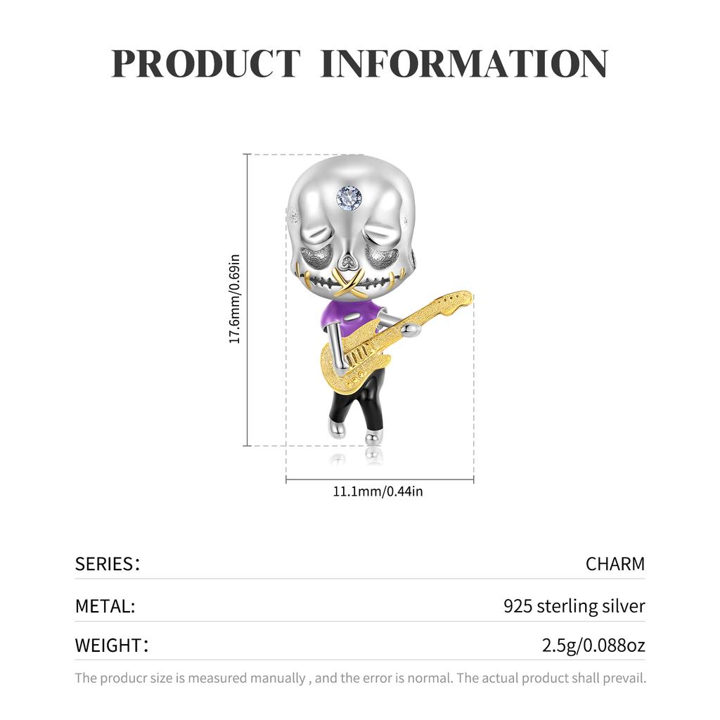 Guitar Skull Cartoon Charm 925 Sterling Silver Gentleman Clown Skeleton Enamel Beads for Women Charm Bracelet Jewelry Dropshipping