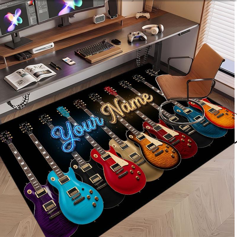 Music Guitar Theme Soft Crystal Velvet Rug Custom Name & Text Print Non Slip Floor Rug for Bedroom Living Room