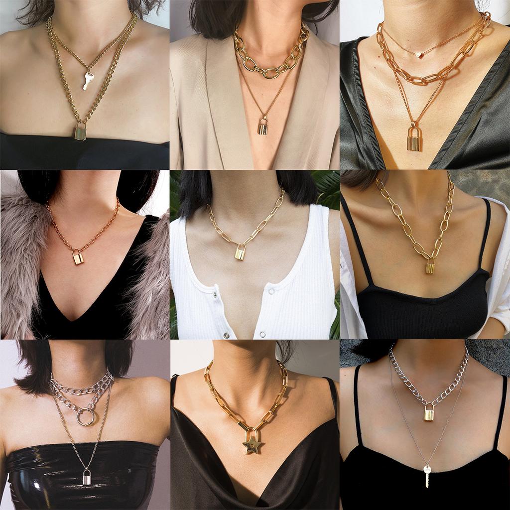 Double Alloy Chain Double Necklace, Simple Concentric Lock Key Element Pendant Necklace Female