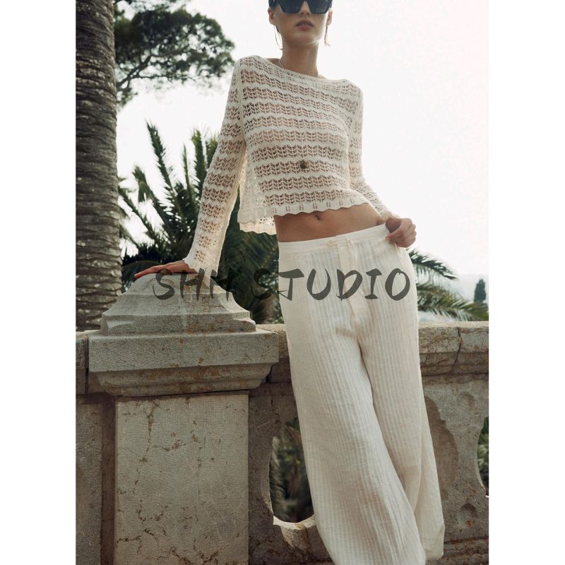 Summer New Product Women's Clothes Cut Out Decoration Elegant French Collar Long Sleeves Lightly Mature Knitwear 6771164