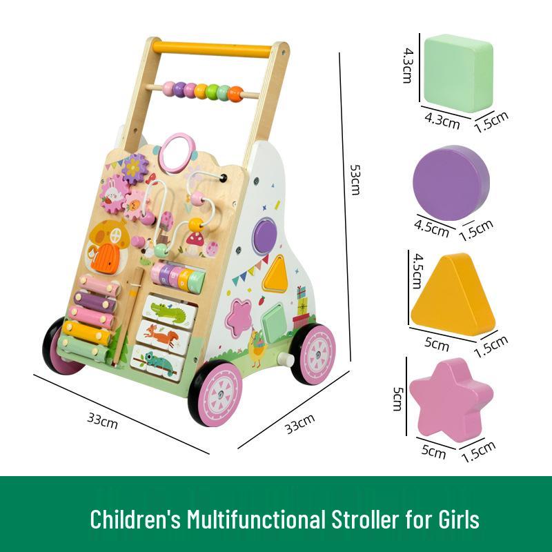 Wooden Baby Walker Stroller with Educational Learning Aid - Anti-Tip Push Car Toy for Toddlers