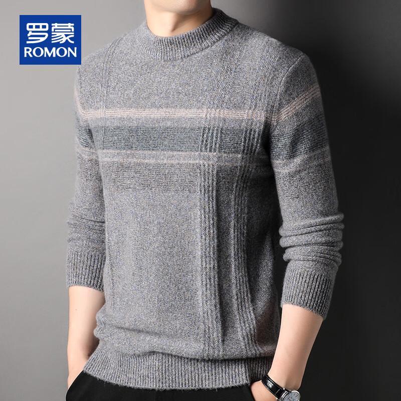 

ROMON Men s 100% Pure Wool Color-Block Striped Semi-High Collar Sweater M