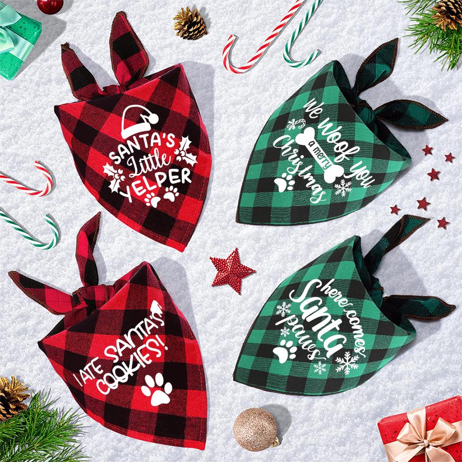 Santa's Little Yelper Printing Dog Christmas Bandanas Pet Christmas Gift Xmas Dog and Cat Bandanas Plaid Triangle Scarf Bibs