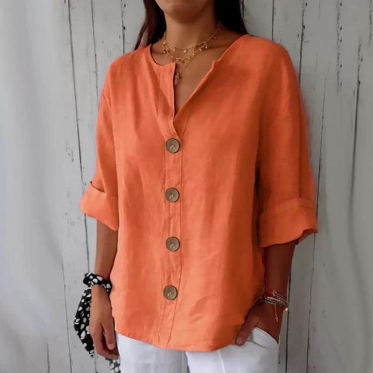Women Loose V Neck Three Quarter Sleeve Buttoned Plain Shirt Classic Solid Color Commuting Tops T Shirt for Women