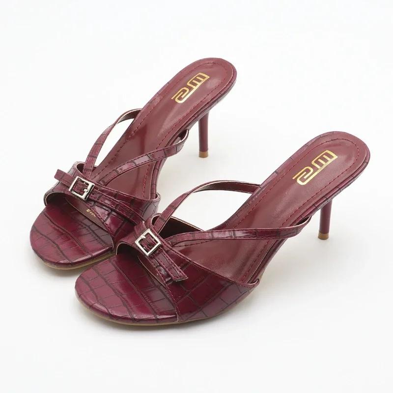 

Fashion Fashion Belt Buckle Design Brand High Heel Slippers Women Summer Sexy Open Toe Shallow Slide Sandals Elegant Banquet Dress Shoes 42 красный