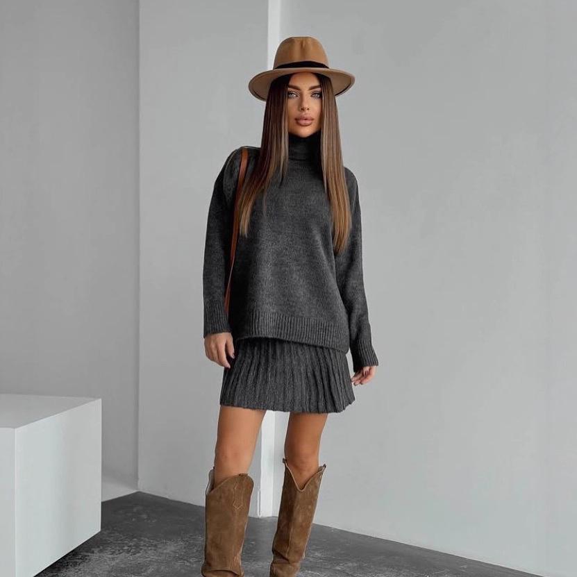 2025 Herbst Damenmode: Warmer Rundhals-Strickpullover mit lockerem Schnitt und kurzem Rock