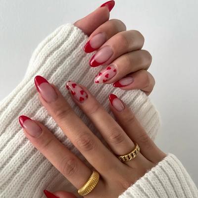 24 Stück einfache nackte rosa Valentinstags-Nägel zum Tragen von French Red Edge Manicure Fake Nail Red Love Nail Piece