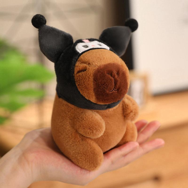 12cm Kawaii Anime Capybara Plushies With Pikachu Stitch Lucifer Cat Hat Doll Stuffed Animals Capybara Plushies Girl Toys