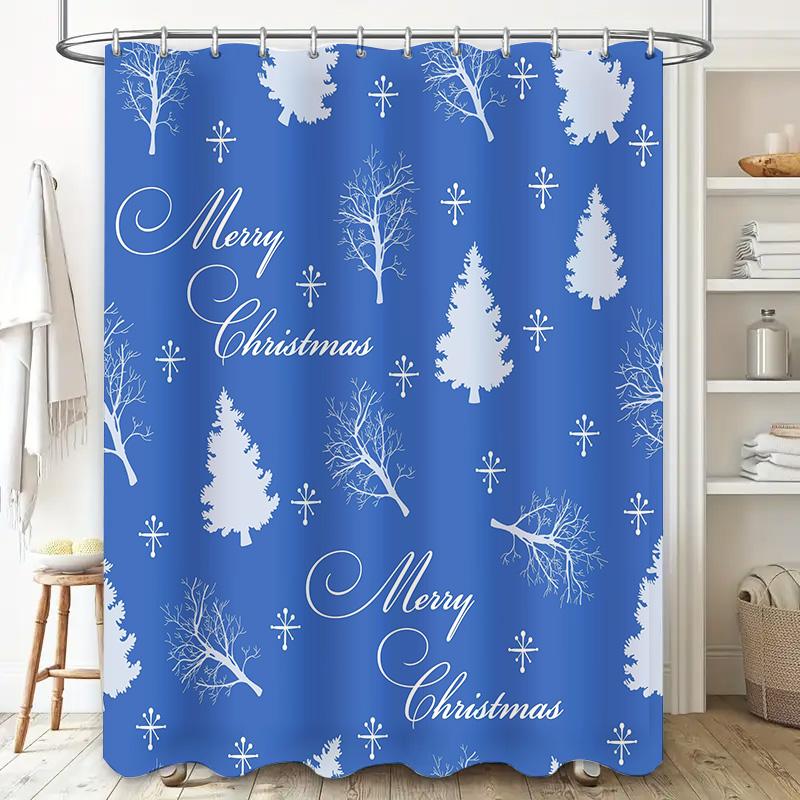 Christmas Shower Curtain Set Decorations Waterproof Blue White Snowflakes Trees Merry Christmas Bath Mat Home Decoration B01DQ3N