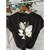 Womens Vintage Inspired Black Tee White Floral Leaf Print Round Neck Short Sleeve Lightweight Breathable Relaxed H-Line Fit Machine Washable Versatile