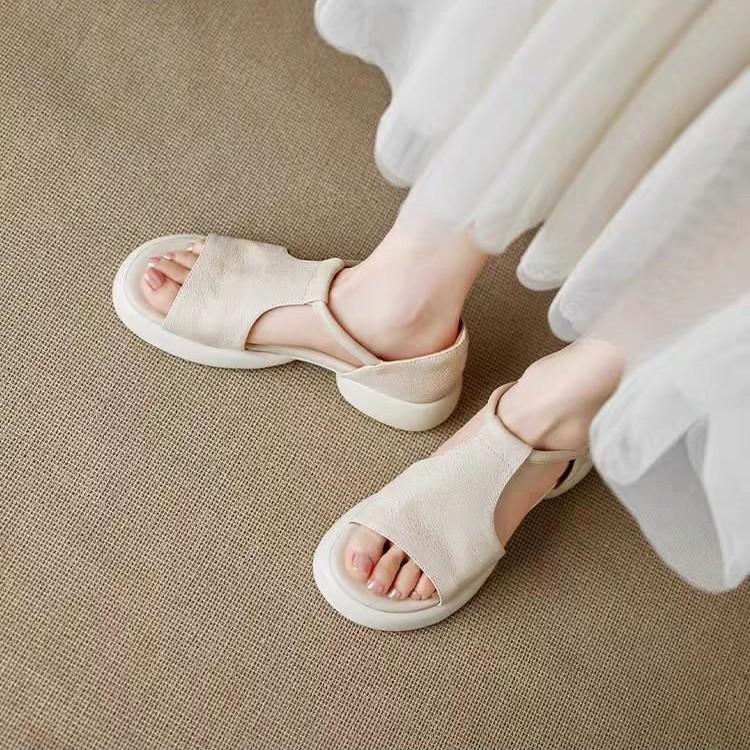 Huge Good-looking Soft Leather Soft-soled Retro Casual Open-toed Sandals Women's Summer Medium Heel Thick-soled Fish Mouth Roman Shoes Are Not Tired