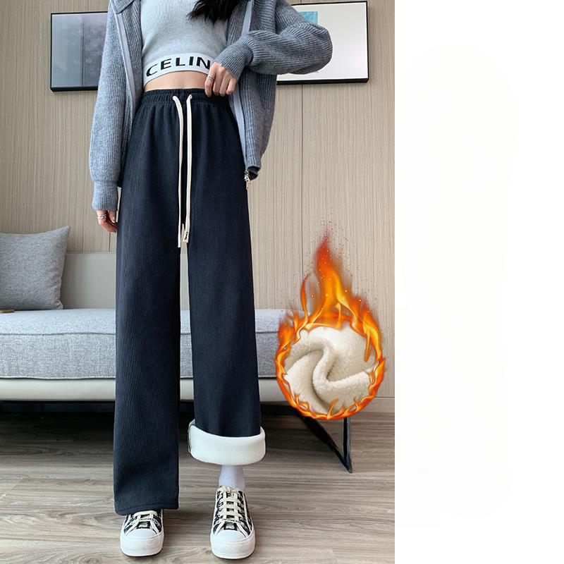Plus Velvet Wide-leg Pants Women's Autumn and Winter High-waist Drape Loose and Thin Corduroy Straight Mopping White Casual Pants